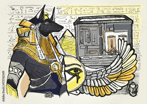 Mighty Great dark Anubis on Egypt background. Hand drawn Egypt  vector illustration.