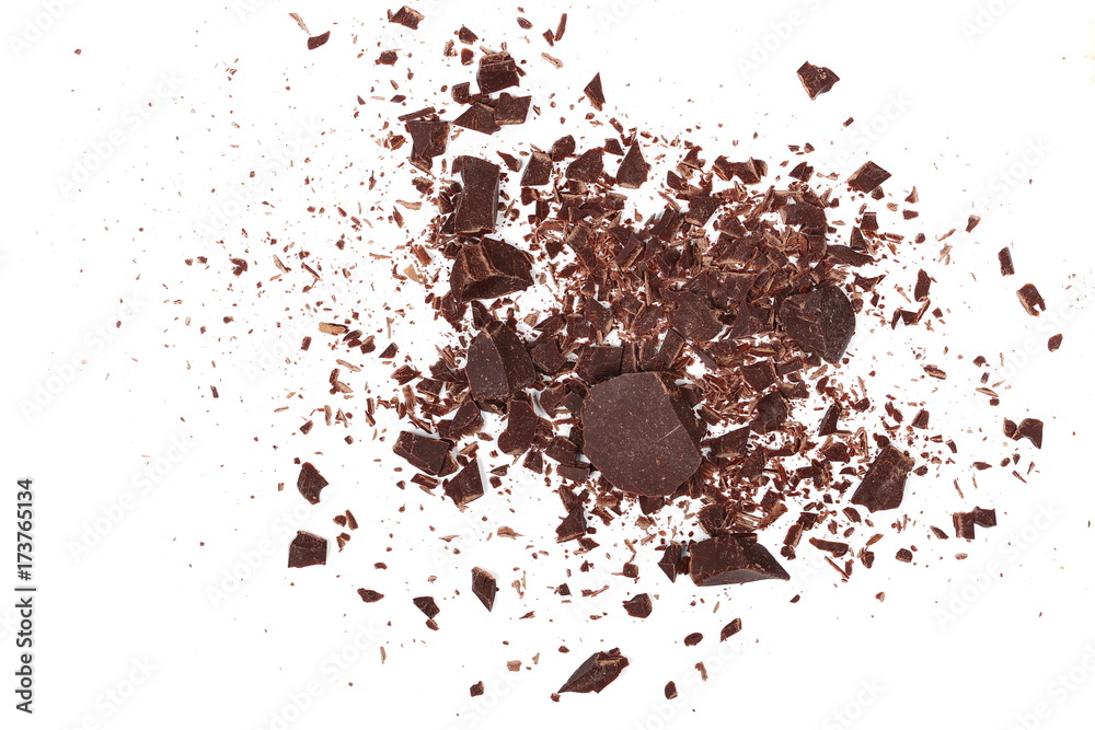 Pile chopped, milled chocolate shavings isolated on white