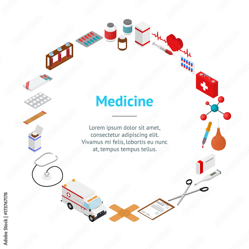 Medical Banner Card Circle Isometric View. Vector Medical Banner Card Circle Isometric View. Vector