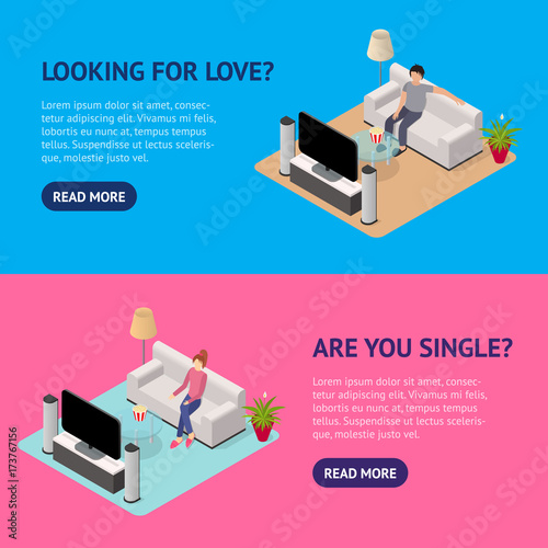Young Man and Voman Watching Tv Banner Horizontal Set Isometric View. Vector