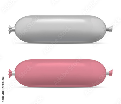 Realistic Template Blank White and Pink Sausage Pack Set. Vector