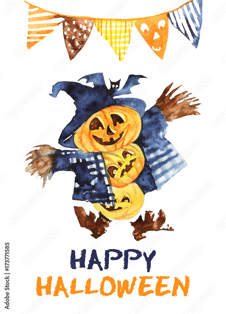 Watercolor halloween illustration. Hand drawn pumpkin scarecrow on white background Watercolor halloween illustration. Hand drawn pumpkin scarecrow on white background