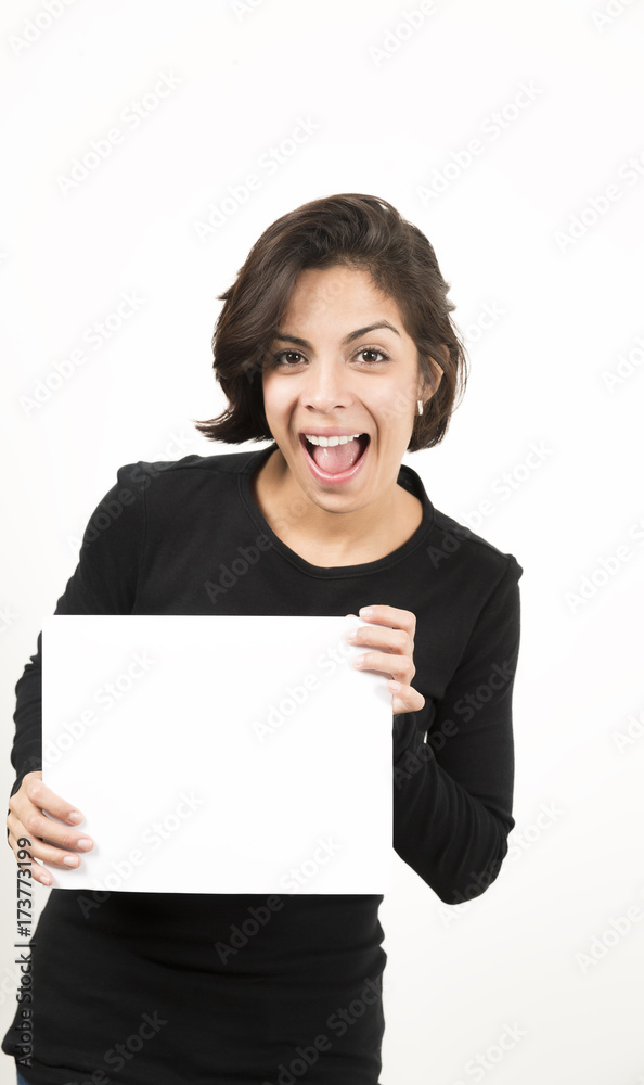 Beautiful young woman holding a blank sheet of paper Beautiful young woman holding a blank sheet of paper