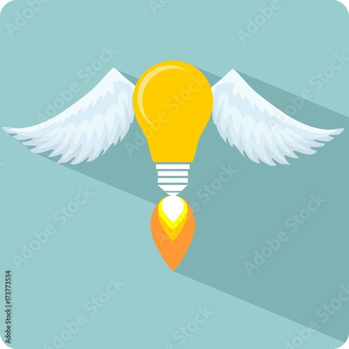 Glowing Light Bulb  with Angel Wings and a Flame. Stock Vector Illustration