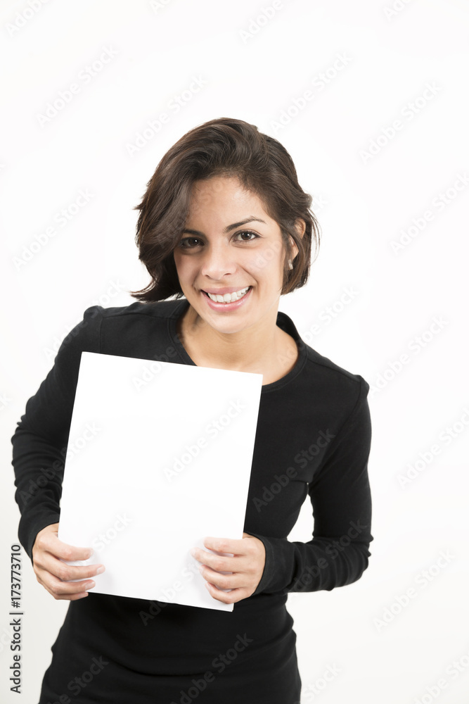 Beautiful young woman holding a blank sheet of paper Beautiful young woman holding a blank sheet of paper