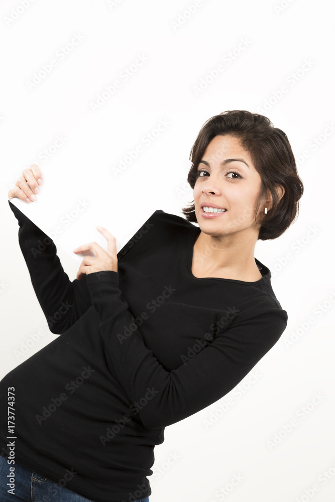 Beautiful young woman holding a blank sheet of paper Beautiful young woman holding a blank sheet of paper