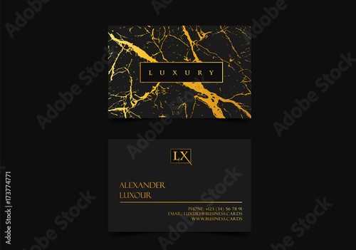 Elegant black luxury business cards with marble texture and gold detail vector template, banner or invitation with golden foil details. Branding stylish identity graphic design.