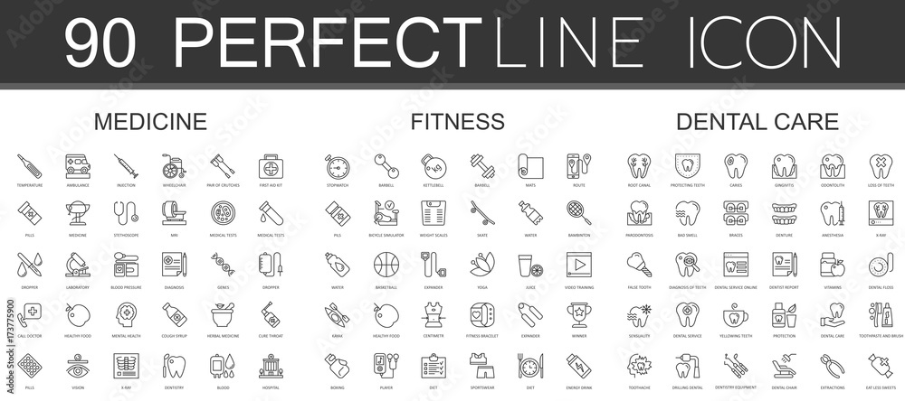 90 modern thin line icons set of medicine, fitness, dental care