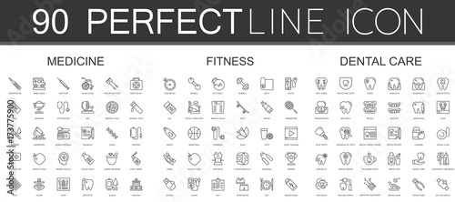 90 modern thin line icons set of medicine, fitness, dental care