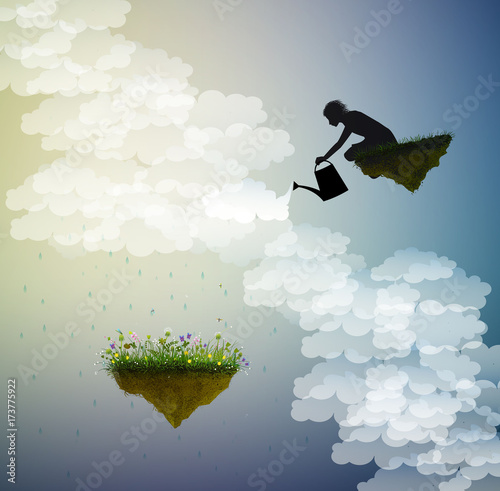 Spring fantasy, fairytale summer, magic rain, boy or god waters the flowers on flying rock,
