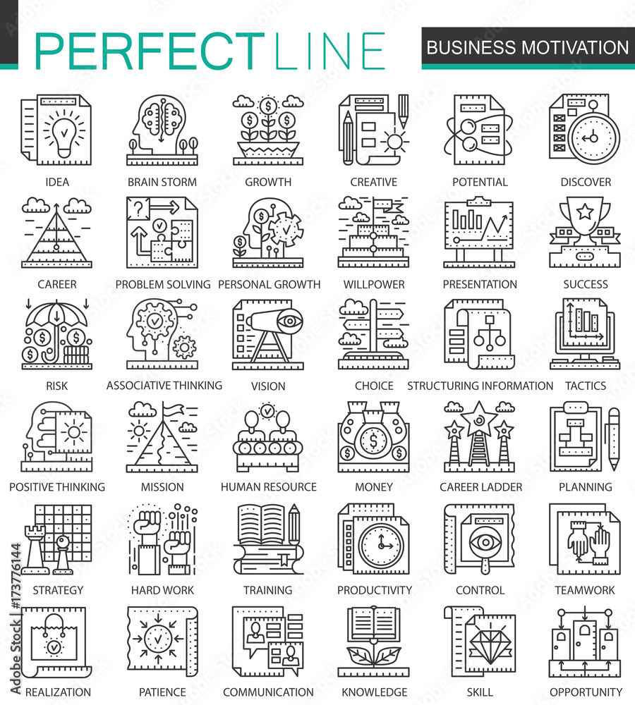 Obraz premium Business motivation and discipline outline mini concept symbols. Modern stroke linear style illustrations set. Perfect thin line icons.