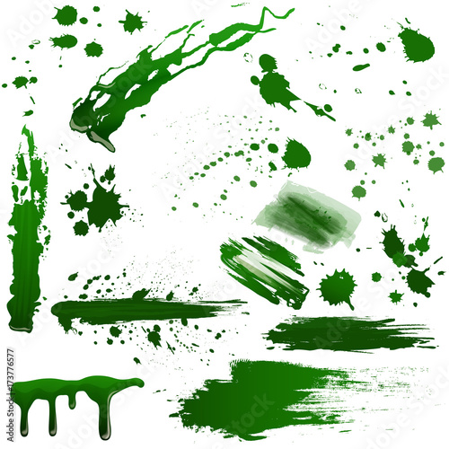 Realistic green toxic blood splatters vector set. Splash poison liquid.