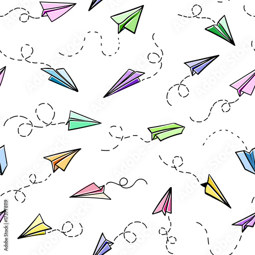 Seamless pattern with vector paper airplane. Travel, route symbol. Vector illustration of  background with hand drawn paper plane. Outline. Hand drawn doodle airplane. Black linear paper plane icon