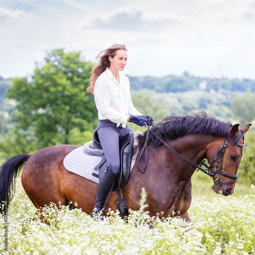 Young rider girl with long hair riding bay horse on chamomile field