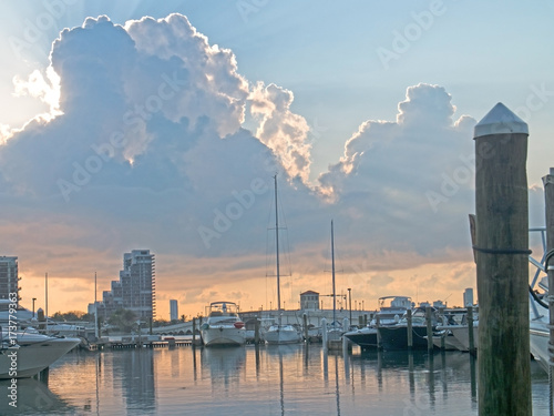 Miami Florida Morning Sunrise Orange Clouds Yachts in Harbor