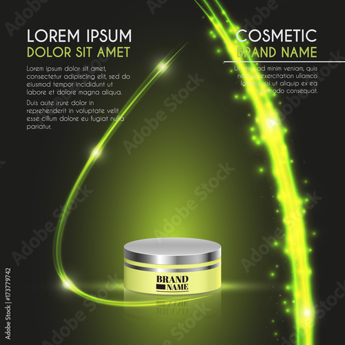 3D realistic cosmetic bottle ads template. Cosmetic brand advertising concept design with glowing sparkles and glitters abstract background