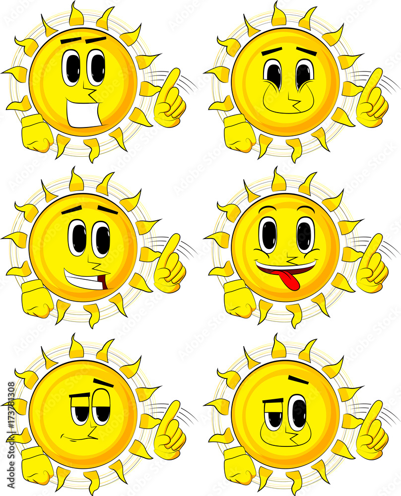 Cartoon sun with hands in rocker pose. Collection with happy faces. Expressions vector set.