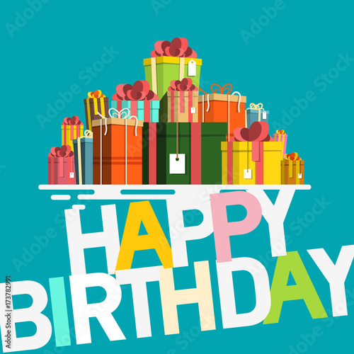 Happy Birthday Card with Gift Boxes. Retro Flat Design Vector Design.