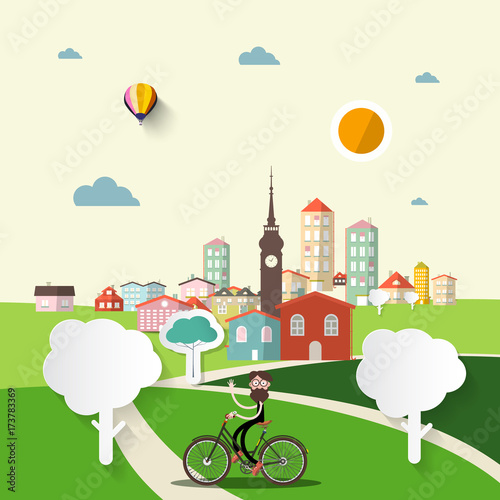 Abstract Vector Flat Design City with Man on Bicycle.