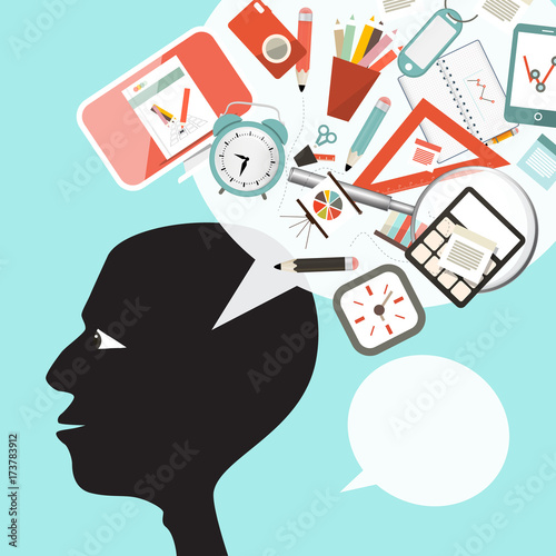 Creative Thinking Symbol. Man Head Silhouette with Education and Business Items on Speech Bubble. Vector.