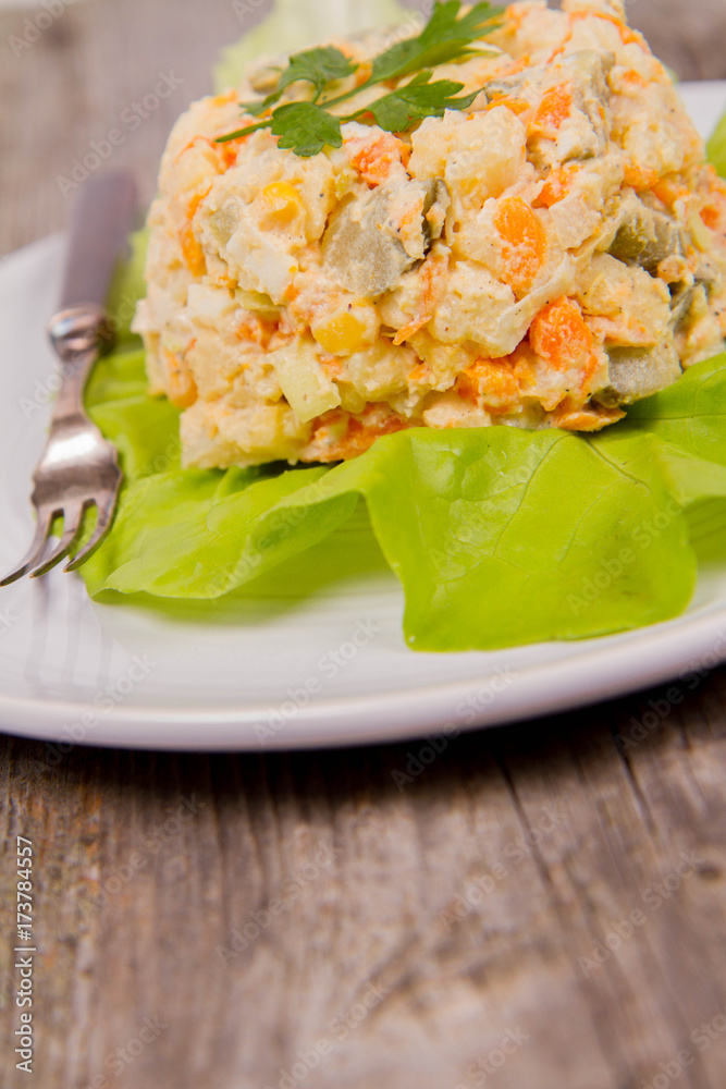 Vegetable salad (potato, carrot, corn, pea, egg, leek) with mayonnaise eaten with a fork Vegetable salad (potato, carrot, corn, pea, egg, leek) with mayonnaise eaten with a fork