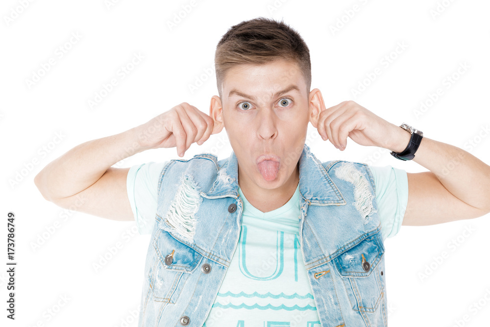 Naklejka premium young man in denim isolated white background