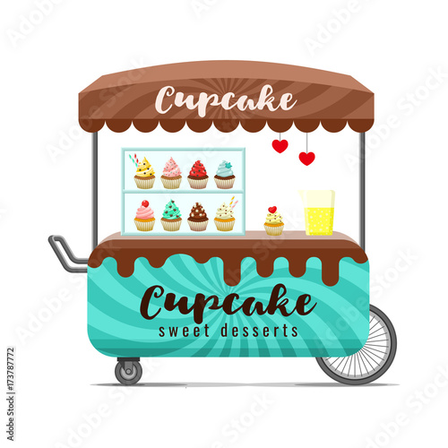 Cupcake street food cart. Colorful vector illustration, cute style, isolated on white background