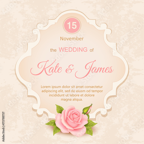 Vector vintage wedding invitation with roses.