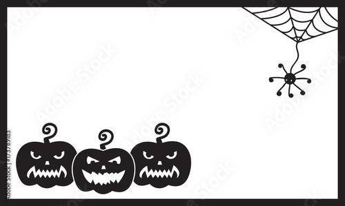 Halloween vector card template. Three sinister pumpkins and spider.