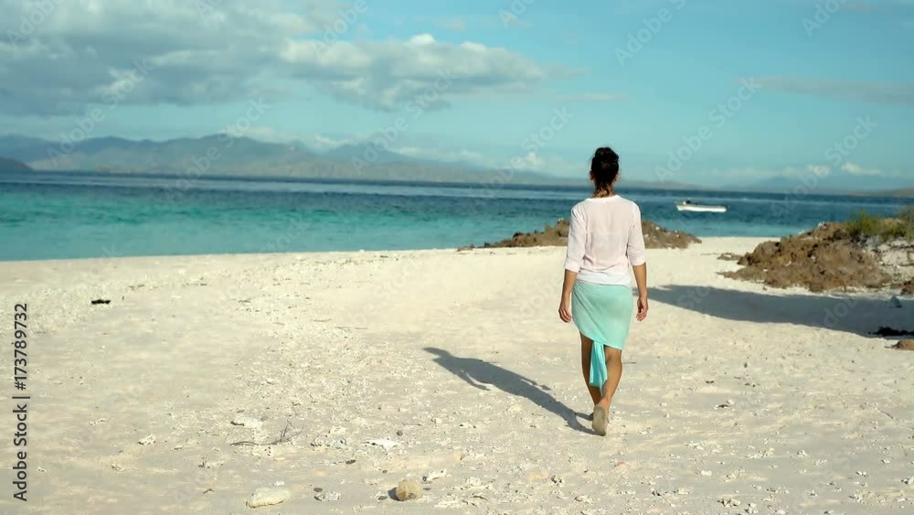 Brunette relaxing while walking on the sandy beach, steadycam shot
Brunette relaxing while walking on the sandy beach, steadycam shot