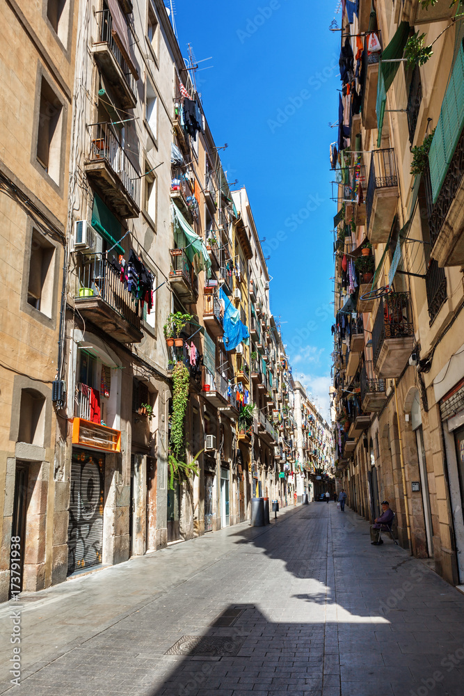 Barcelona, Spain - April 19, 2016: Medieval buildings in the Gothic Barceloneta distric