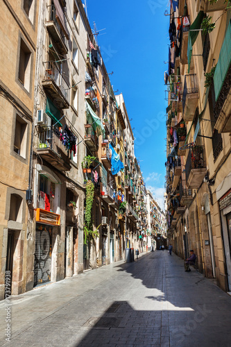 Barcelona, Spain - April 19, 2016: Medieval buildings in the Gothic Barceloneta distric © photoaliona