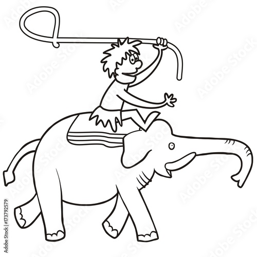 Elephant and hunter, vector icon, coloring page