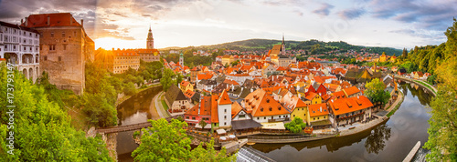 Panoramic sunset view over the old Town of Cesky Krumlov, Czech Republic