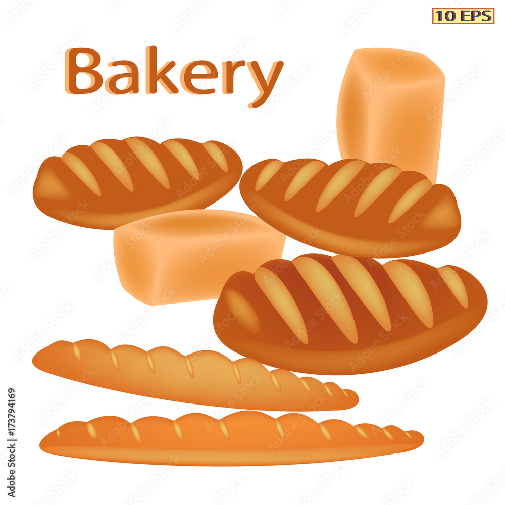 Set of bakery products. Bread, loaves, baguettes. Bread, loaf and baguette. Bakery, baked goods, baked products. Vector illustration, isolated on white background. Set of bakery products. Bread, loaves, baguettes. Bread, loaf and baguette. Bakery, baked goods, baked products. Vector illustration, isolated on white background.