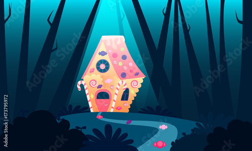 Sweet house of a witch in the forest. A Trap for Children. Vector illustration