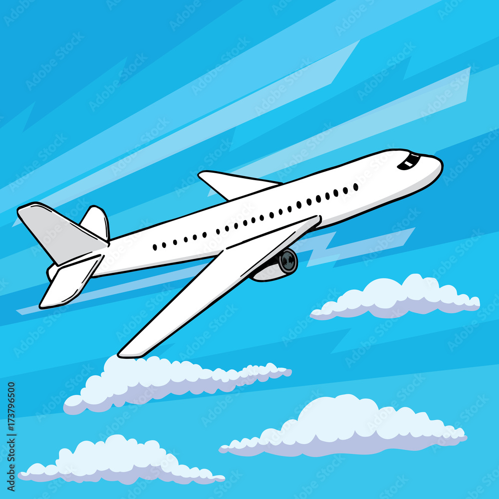 Plane takes off pop art style. Floating in clouds airplane vector illustration in comic style