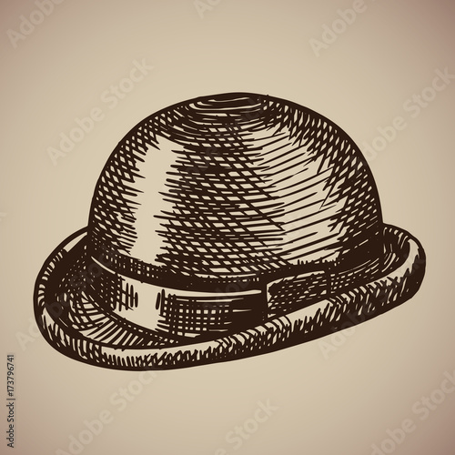 Bowler engraving. Retro clothing began the twentieth century. Vector illustration in sketch style
