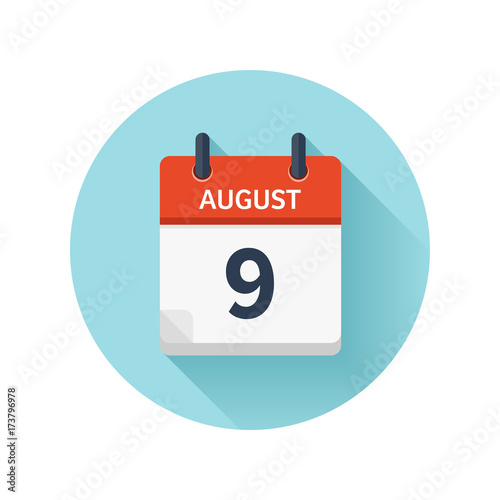 August 9. Vector flat daily calendar icon. Date and time, day, month 2018. Holiday. Season.