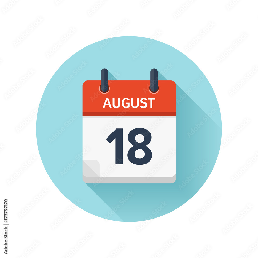 August 18. Vector flat daily calendar icon. Date and time, day, month 2018. Holiday. Season. August 18. Vector flat daily calendar icon. Date and time, day, month 2018. Holiday. Season.