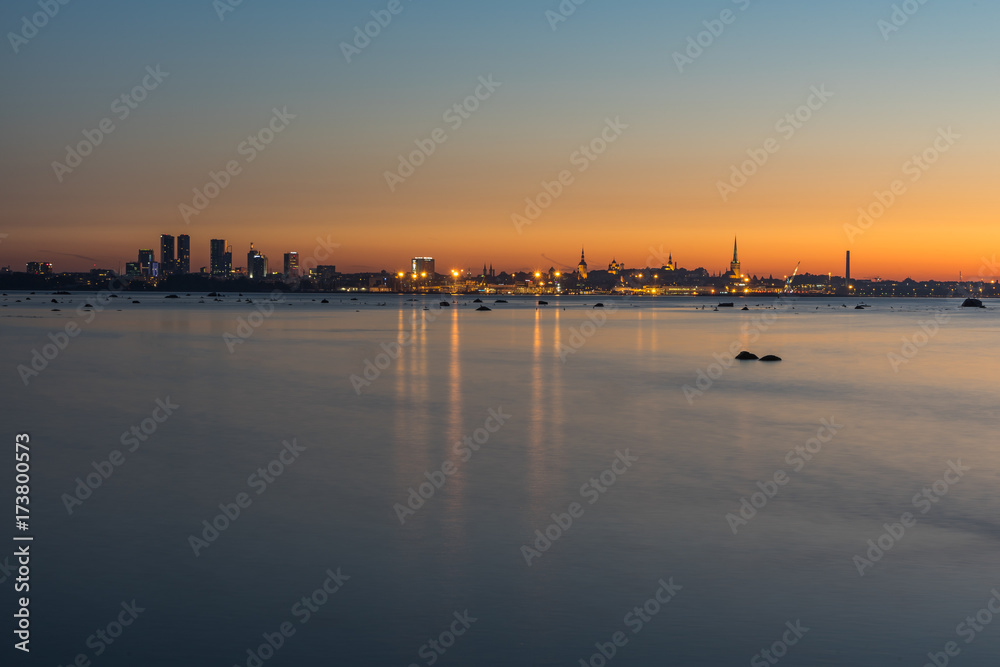 Tallinn city center view in sunset lighting