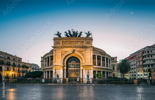 The morning view of the Politeama Garibaldi theater in Palermo, Sicily, Italy photo