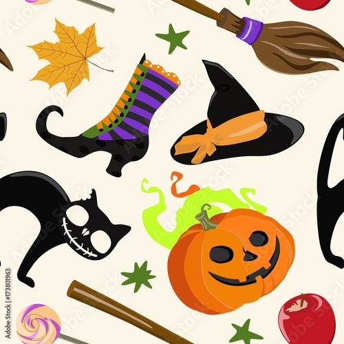 Seamless pattern with multi-colored Halloween attributes. Vector illustration.