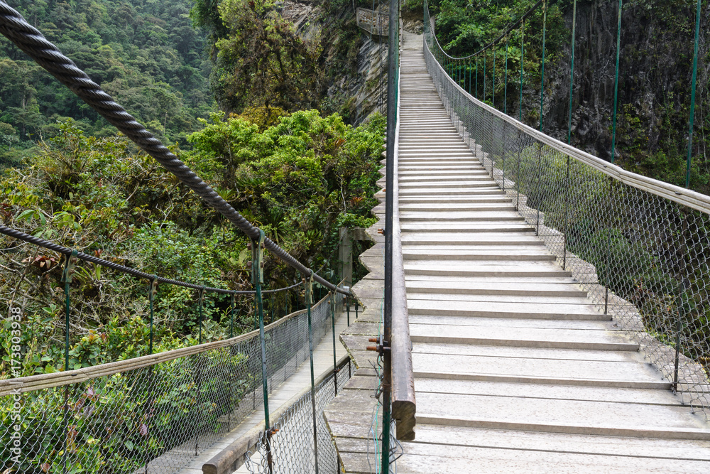 Wooden footbridge at Pailon del Diablo waterfall, Ecuador