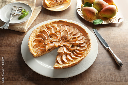 Delicious pear tart on plate