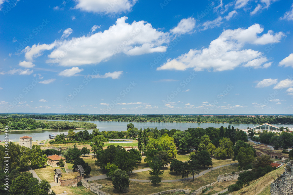 View of Sava and Danube rivers from kalemegdan fortress in Belgrade, Serbia.