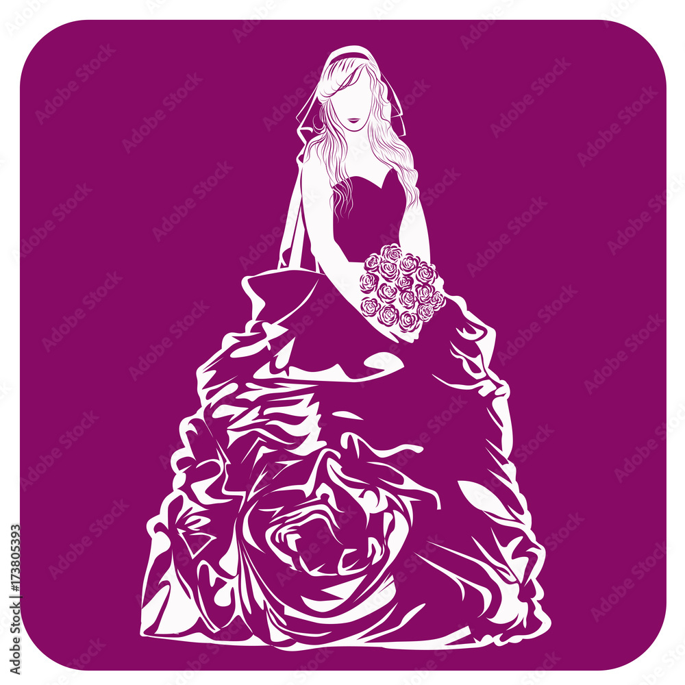 Contour image of the bride with a bouquet of flowers in her hands on a purple background Contour image of the bride with a bouquet of flowers in her hands on a purple background