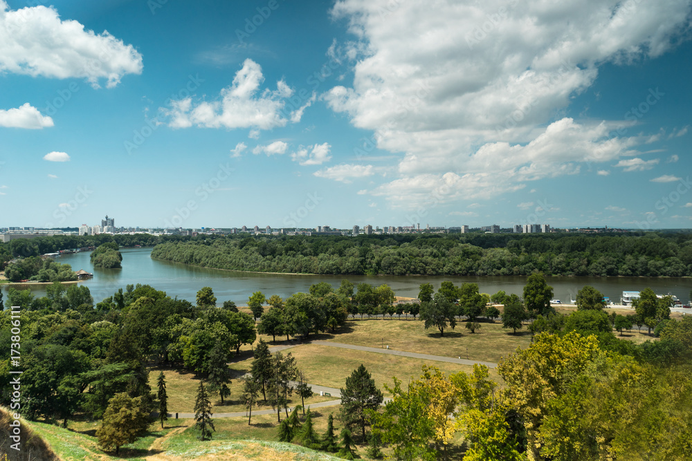 Naklejka premium View of Sava and Danube rivers from kalemegdan fortress in Belgrade, Serbia.