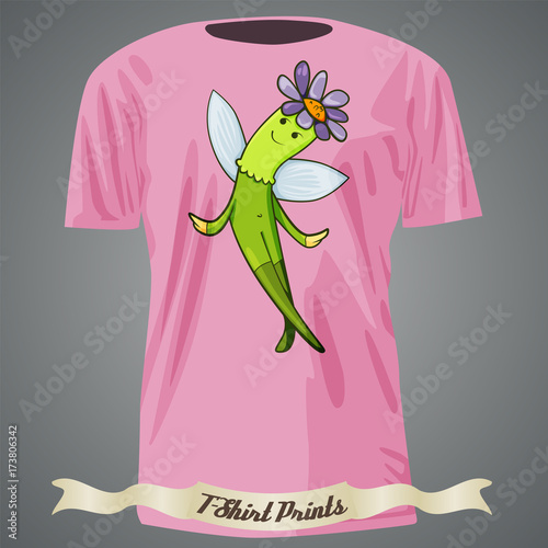 t-shirt design with Cartoon of fantasy alive flower with wings