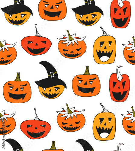 Halloween vector seamless pattern with angry pumpkins. Decorative background with funny drawing pumpkins